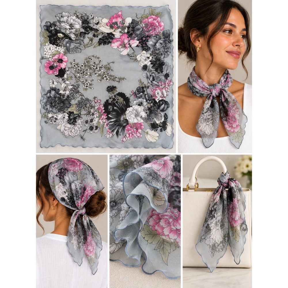 Floral Square Scarf Women OS Blue Pink Sheer Scalloped Lettuce Edge